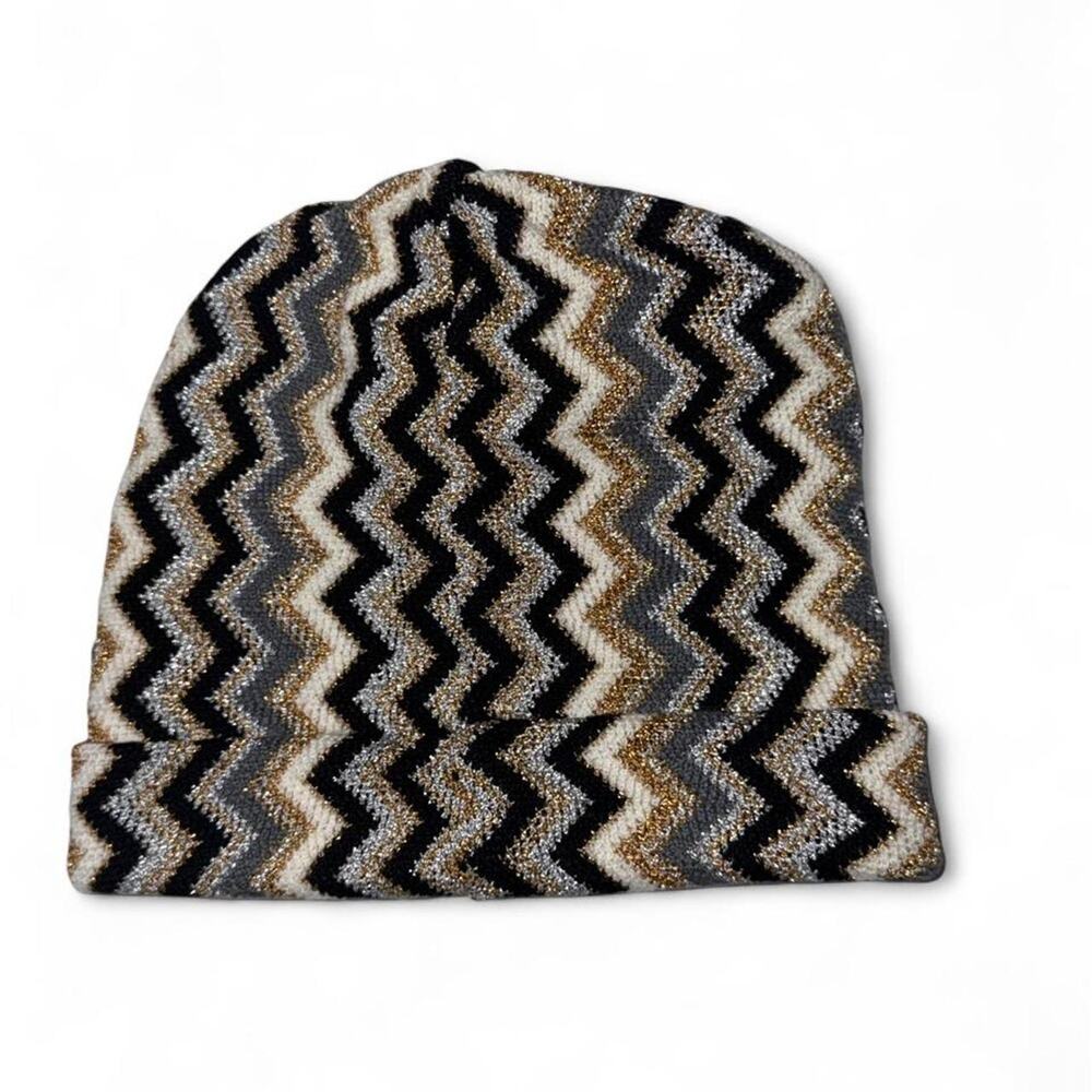 Missoni Italy Metallic Zigzag Knit Beanie Hat Gray Black Gold Wool Blend